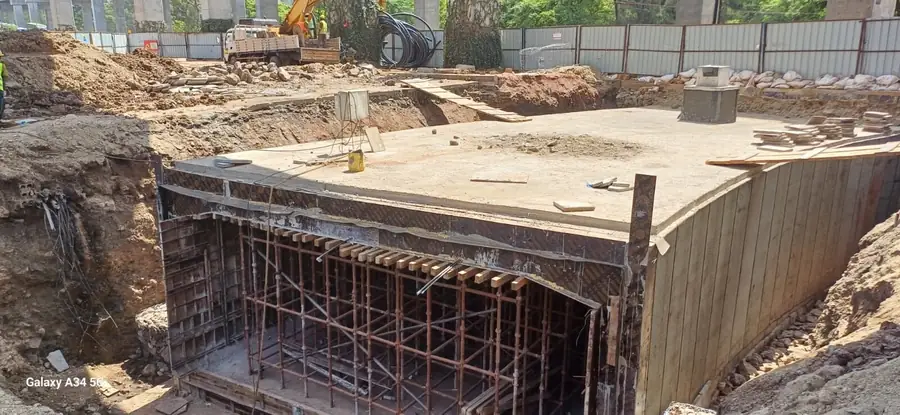 Basement slab and retaining walls