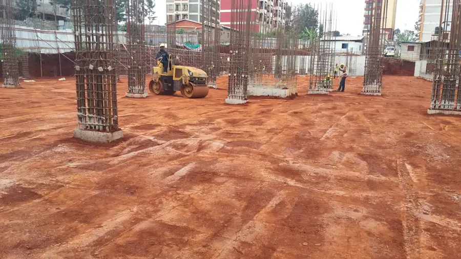 Column starter bars set out across a compacted site